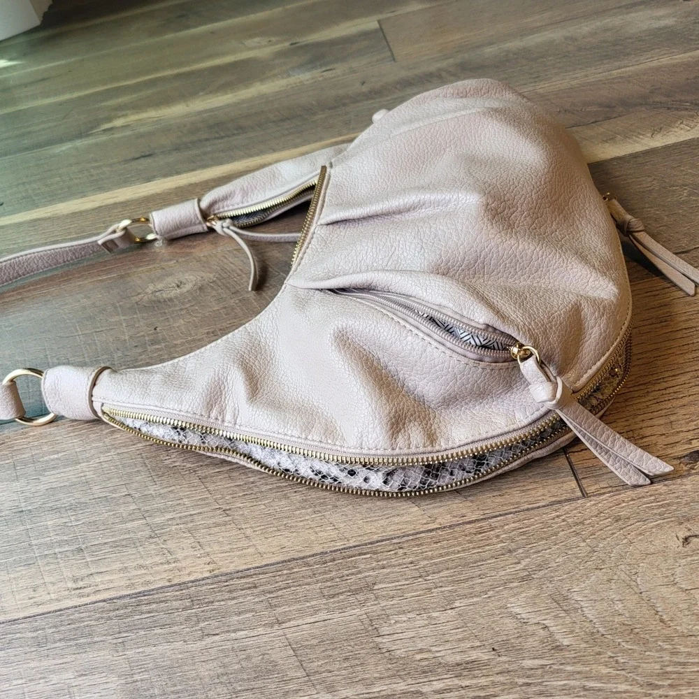 Blush Pink Pleated Hobo Bag Snakeskin Expandable Bottom Tassel Shoulder Bag